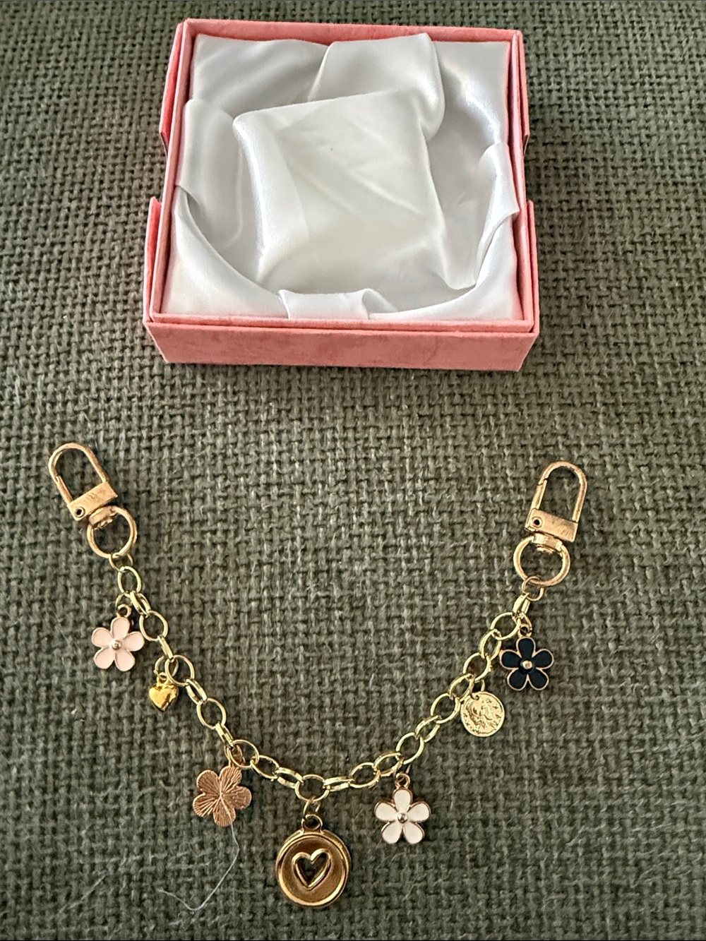 Gold-Tone Floral Charm Bracelet Clip-On Accessory in Pink, Black, White